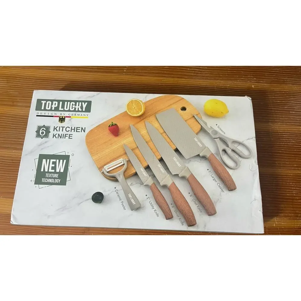 Top Lucky LK806 6 Piece Kitchen Knife Set Khaki Textured Blades Gift Box